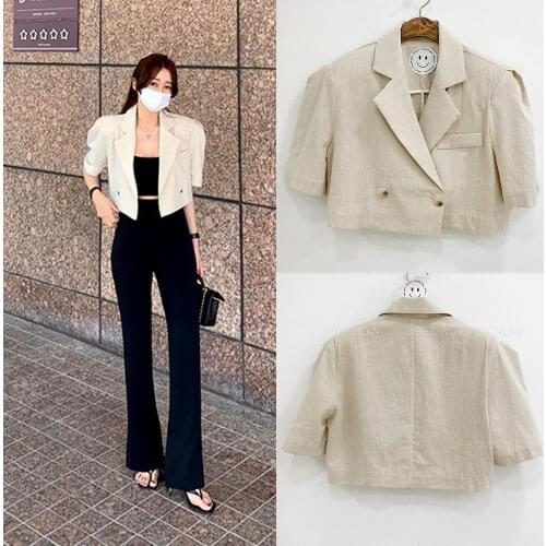 The new summer 2021 INS vintage double-breasted cotton and linen short-sleeved blazer