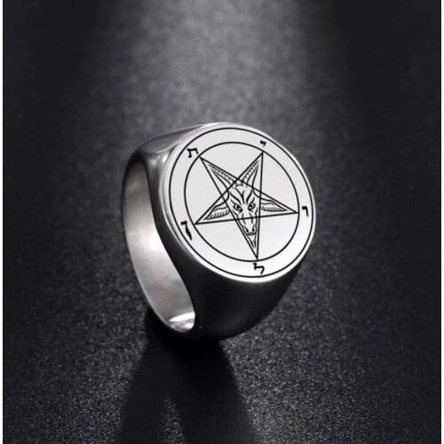 LIKGREAT Occult Stainless Steel Occult Baphomet Satanic Mens Ring Witch Church of Satan Cross Big Rings Satanic Lucifer Jewelry