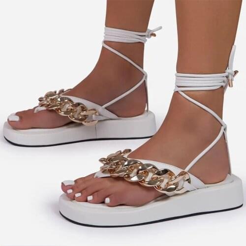 Women Sandals Heels Sandals Summer Shoes Women Fashion Chain Flat Shoes Lace Up Platform Sandals Chaussure Femme Women Flip Flop