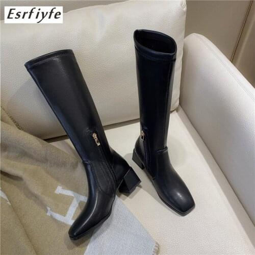 ESRFIYFE 2021 New Women Knee High Boots Autumn Winter Shoes Black High Boots Women Fashion Heeled Knee Boots Large Size 32-46