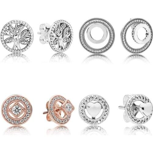 Original Tree Of Love Forever Circle Rose Vintage Allure With Crystal Studs Earring For Women Wedding Gift Pandora DIY Jewelry