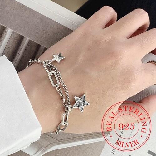 925 Sterling Silver Charm Bracelet &Bangle for Women Couples Vintage Simple Stars Zircon Bracelets Party Jewelry Gift