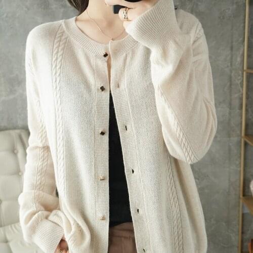 2021Spring Autumn New Cashmere Sweater Women Short Sweater Coat Round Neck All-Match 100%Wool Knitted Cardigan Fashion Loose Top