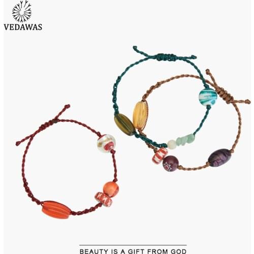 Vedawas Summer Holiday ZA Woven Jute Bracelet With Colored for Women Ethnic Nature Stone Ball Charm Bracelets Bangles Jewelry