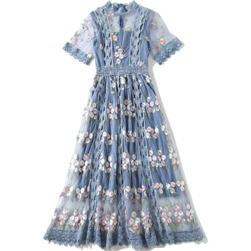 New Summer Runway Flower Embroidery Dress Womens Flare Sleeve Stand Floral Blue Hollow out Embroidered Long Mesh Dresses