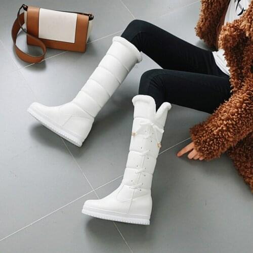Cross-tied Snow Boots Waterproof Winter Boots Woman Warm Knee-High Boots Round Toe PU Solid Ladies Fashion Female Shoes MAZIAO