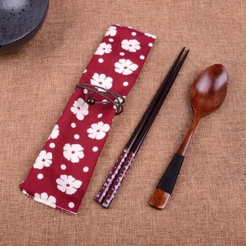 2pcs/Set Portable Tableware Vintage Wooden Cutlery Sets with Useful Spoon Chopsticks Travel Gift Dinnerware Suit with Cloth bag