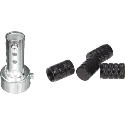 4 Pcs Black Car Vehicle Tyre Tire Valve Stem Decorative Dust Cap Cover with 1 Pcs Silver Motorcycle Exhaust Can Muffler