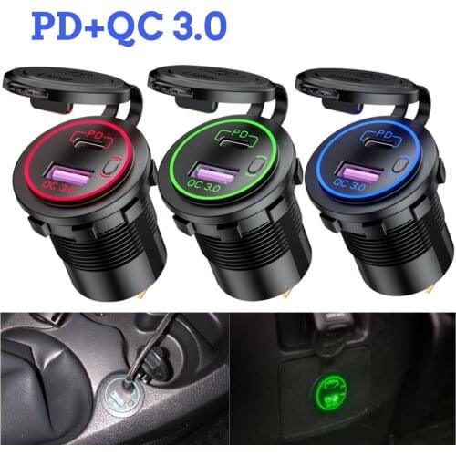 PD Type C QC 3.0 USB Car Charger Socket with Switch Power Outlet Adapter Waterproof for 12V 24V Truck Boat RV Motorcycle