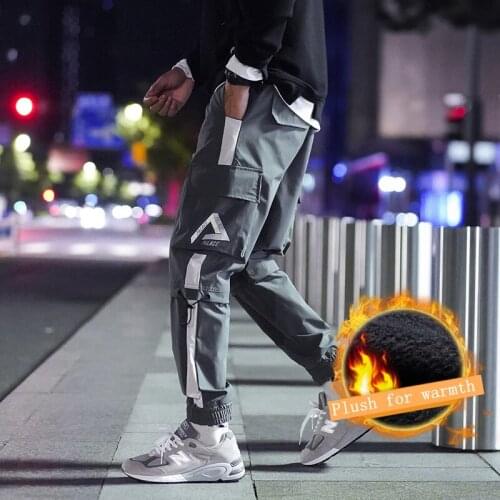 Mens Side Pockets Cargo Fleece Pants 2020 Ribbons Black Hip Hop Casual Male Joggers Trousers Fashion Casual Streetwear Pants