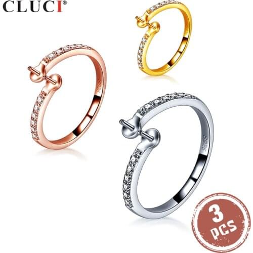 CLUCI 3pcs Silver 925 Twist Zircon Rings for Women Party Jewelry Adjustable 925 Sterling Silver Pearl Ring Mounting SR2243SB