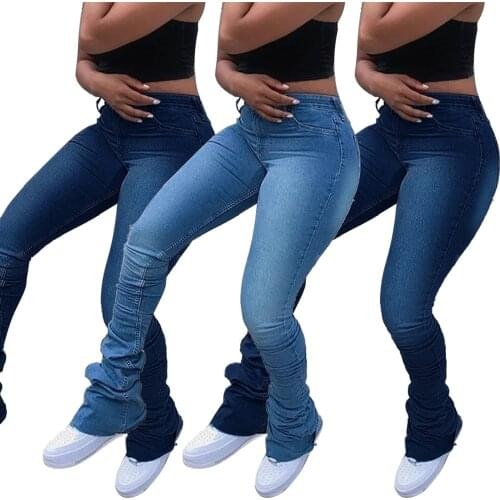Spring Autumn Jeans Casual Light Blue Mid Waist Skinny Stacked Jeans Femme Fashion SkInny 90s Denim flared Pants