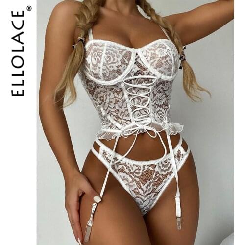 Ellolace Bandage Lingerie Set Ruffles Sexy Underwear Set White Set Woman 2 Pieces Underwire Push Up Sensual Lingerie Woman