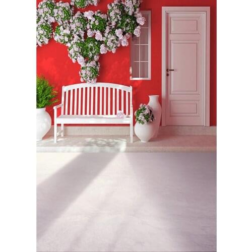 Photo Background Red Wall White Door Vase Flowers Customized Backdrop for Portrait Children Baby Photoshoot Photography Props