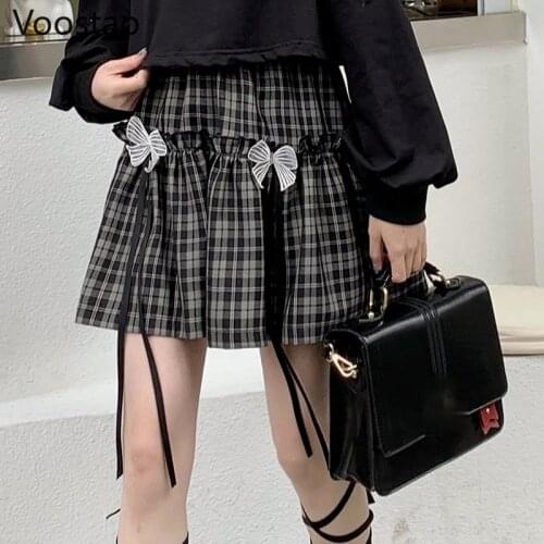 Gothic Lolita Style Mini Skirts Women Harajuku Cute Bow Ruffles Black Plaid JK Skirt Japanese Girly Punk Hip Hop Faldas Mujer