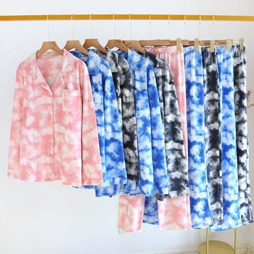 Conjunto Lenceria Mujer Tie-dye Couples New Knitted Comfortable Homewear for Four Seasons Long-sleeved Trousers Home Pajamas Set