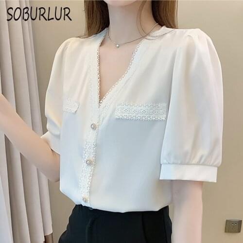Summer Short Sleeve Blouses Women Casual V-neck Chiffon Shirts White Tops Elegant Simplicity Lace Womens Shirts Clothes Blusas