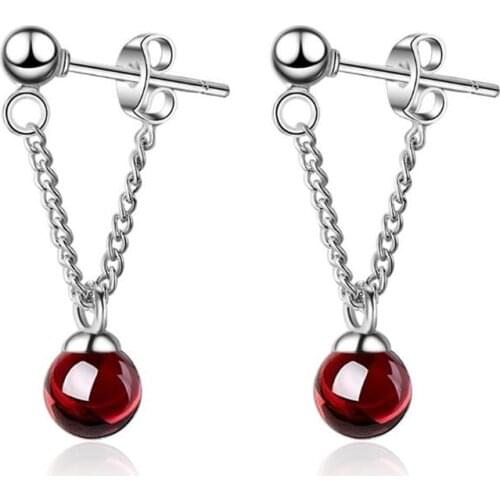 Cute Girl Wine Red Garnet Ball Beautiful 925 Sterling Silver Jewelry Fashion Women Crystal Geometric Dangle Earrings SE753