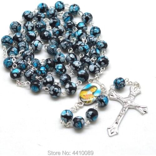 Fashion Glass Bead St Rita Rosary Necklaces Black Blue Flower Round Beads