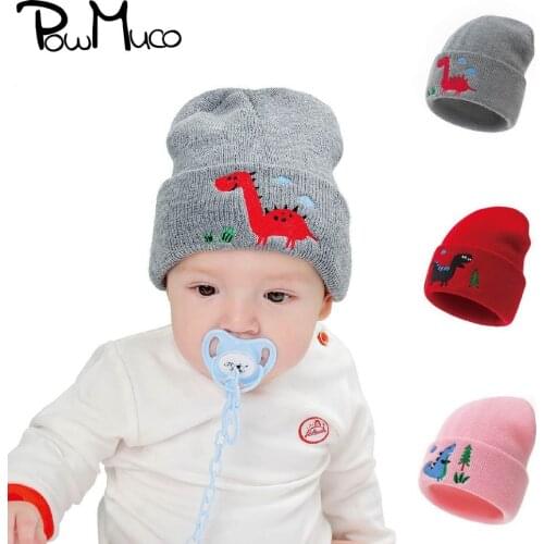 Powmuco 19*17 CM Fashion Knitted Baby Girls Hats Embroidery Dinosaur Cartoon Pattern Infant Caps DIY Kids Clothing Accessories
