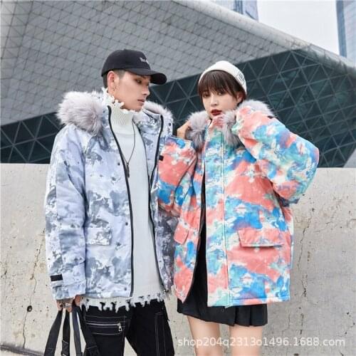 2022 Mens Printing Fur Collar Cotton Coat Youth Couple Warm Casual Cotton-Padded Clothes