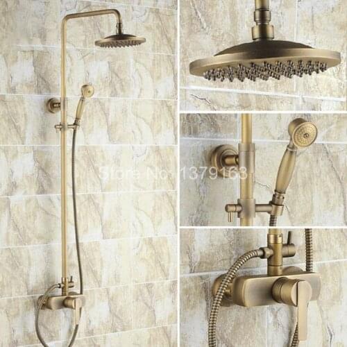 Bathroom Rain Shower Faucet Set Antique Brass Single Lever Mixer Tap + 8" Inch Round Rainfall Shower Head + Handshower ars175