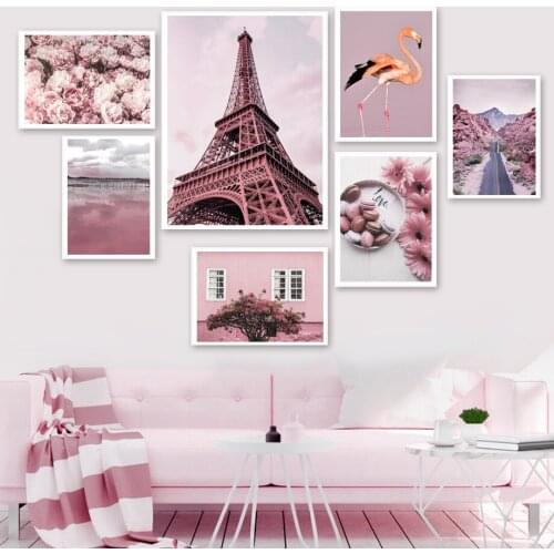 Iron Tower Dessert Flamingo Road Flower Wall Art Canvas Painting Nordic Posters And Prints Wall Pictures For Living Room Decor