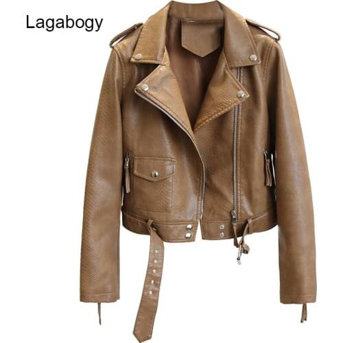 Lagabogy New Autumn Women Faux Leather Jacket Casual Slim Soft Pu Motorcycle Punk Coat Female Zipper With Belt Outerwear