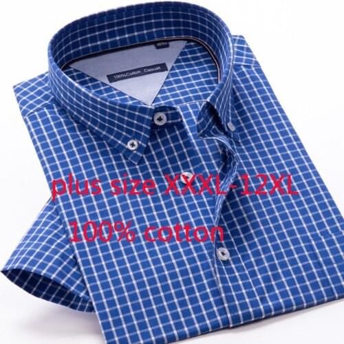 New Arrival 100% Cotton Oversize Short Sleeve Plaid Men Loose Summer Dress Shirts Smart Casual Shirt Plus Size 3XL-9XL 10XL 12XL