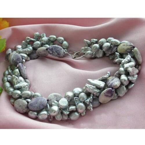 Perfect New Arriver Pearl Jewellery,4rows 19'' 7-20mm Gray Round Baroque Biwa Freshwater Pearl Real Stone Necklace.Free Shipping