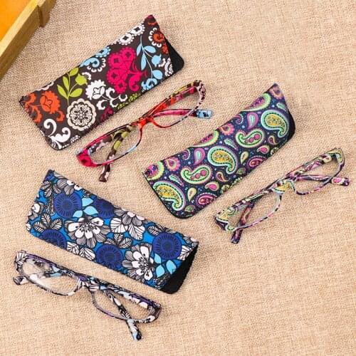Fashion Women Reading Glasses Matching Pouch Ultralight Print Flower Magnifying Eyeglasses Diopter +1.0 1.5 2.0 2.5 3.0 3.5 4.0