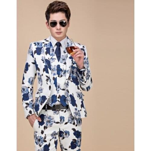 Singer star style dance stage blue printing clothing for men groom suit mens wedding suits costume formal dress singer stage