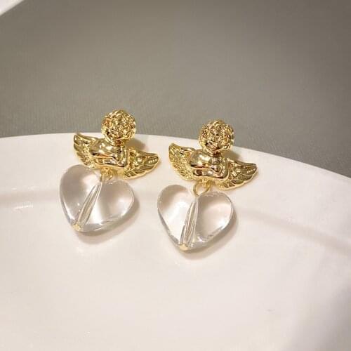 Origin Summer Sweet Gold Color Angel Wing Drop Earrings Transparent Resin Love Heart Pendant Earrings for Women Fashion Jewelry
