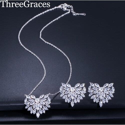 ThreeGraces Beautiful Heart Shaped Cubic Zircon Stone High Quality Silver Color Earrings Necklace Set For Engagement Women JS161