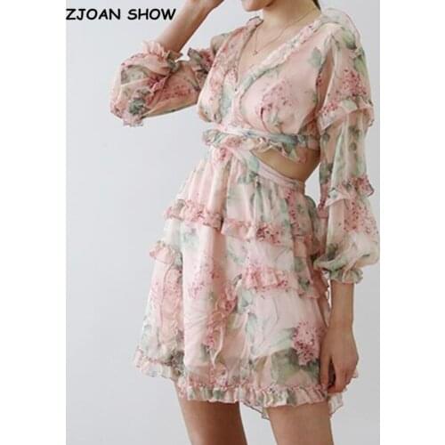 Palace Sweet Faux Silk Pink Floral Print Cross Lacing up Bandage Backless Dress Spliced Wood ears Ruffles Mini Dresses