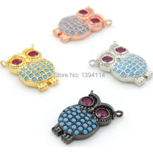 15*9*3mm Micro Pave Kallaite&Red CZ Owl Charms Of Double Loops Fit For Making Necklaces Jewelry