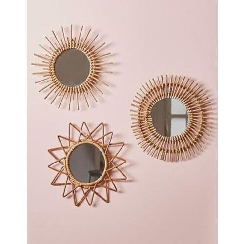 Rattan Mirror Round Wicker Home Decor Wall Hanging handcraft vintage wood wicker mirror cosmetic retro