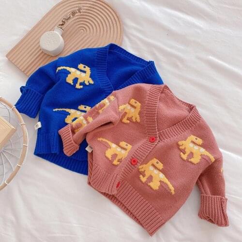 2021 Spring Autumn Cartoon Dinosaur Sweaters Boys Girls V-Neck Long Sleeve Knit Cardigan For Kids Tops