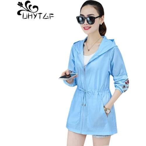 UHYTGF Fashion hooded sun protection clothing summer coat women long sleeve embroidered breathable elegant thin tops jacket 1005