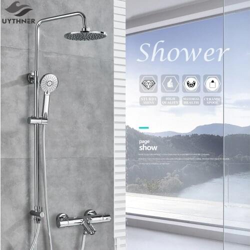 Uythner Bathroom Thermostatic Rainfall Shower Mixer Set Bath Shower Swivel Faucet Chrome Hot and Cold Water Shower Wall Mounted