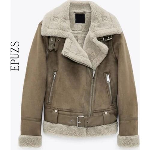 ZA 2021 women Winter jacket Thick Warm Vintage Lambswool Jackets Chic Sashes Casual Suede coat Faux Leather Outwear