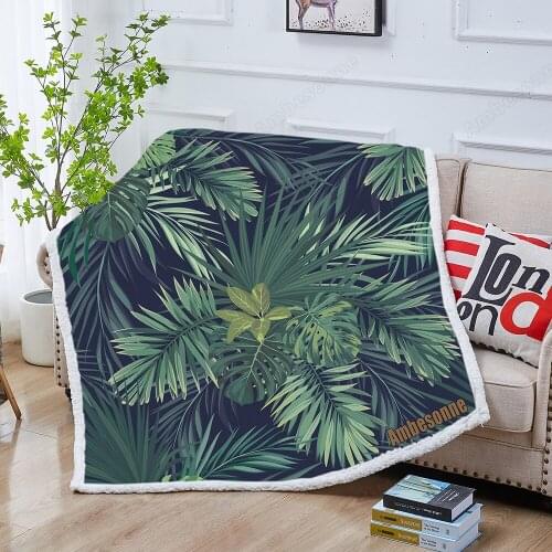 Green Palm Leaves Throw Blanket Hand Drawn Botanical Bed Blanket Summer Floral Soft Blanket Manta