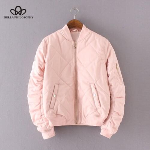 Bella Philosophy Spring Autumn Quilting Bomber Jacket Women Coat Zipper Long Sleeve Jacket Cotton-padded Pink Outwears