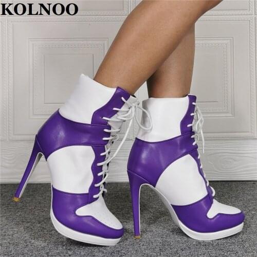 Kolnoo New Style Handmade Ladies High Heel Boots Pachwork Leather Cross Shoelace Daily Ankle Boots Evening Fashion Winter Shoes