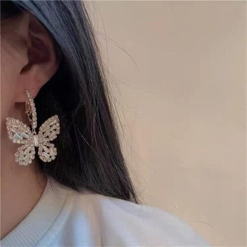 TIMEONLY Korean Oversize Butterfly CZ Zirconia Dangle Earring Blue Beige Color Sparkly Rhinestones Earrings for Women Ladies