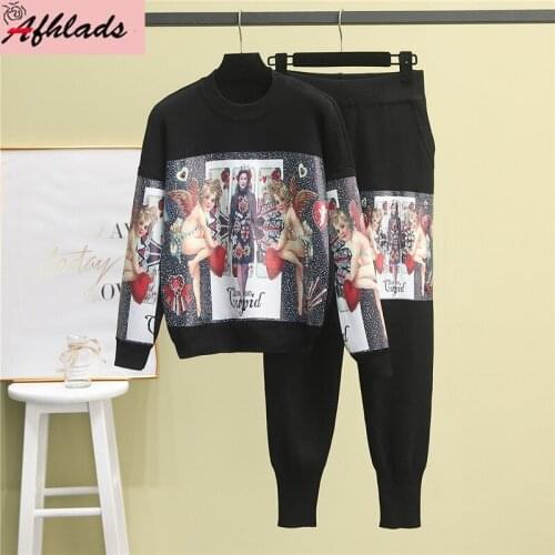 Designer Luxury Two-Piece Printed Beaded Long Sleeved Round Neck Knitted Sweater Tops + Fashion Pants Two-Piece Sets Female