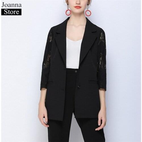 Spring New Lace Splice Short Jacket Women Lapel Seven Points Sleeve Buttons Vintage Blazer Black Plus Size Loose Clothes Female
