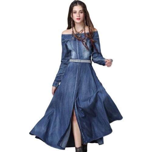 Belt Embroidered One-Neck Washed Denim Dress 2021 Spring Autumn Retro Womens Temperament Long-Sleeved Dress