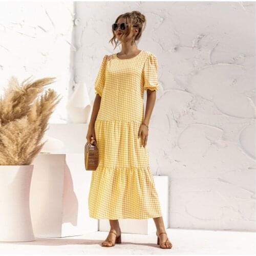 Puff Sleeve Dot Plaid Summer Women Maxi Dress 2021 Yellow Casual Loose O-Neck Ladies Long Dresses Vestidos
