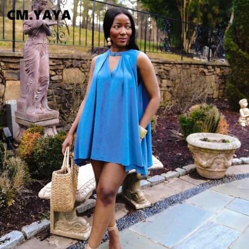 CM.YAYA Women Mini Dress Solid Sleeveless O-neck Hollow Out Loose Dresses Female Fashion Casual Vestidos Summer Outfits 2021